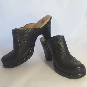 Navy Leather Slide Clogs Brass Studs
